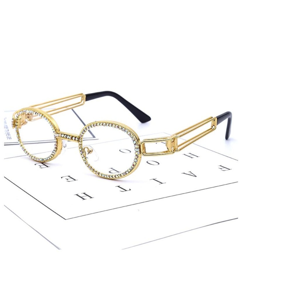 Rhinestone‎ Round Glasses Gold Frame Hip Hop Fashion Men's Sunglasses Sreet Wear